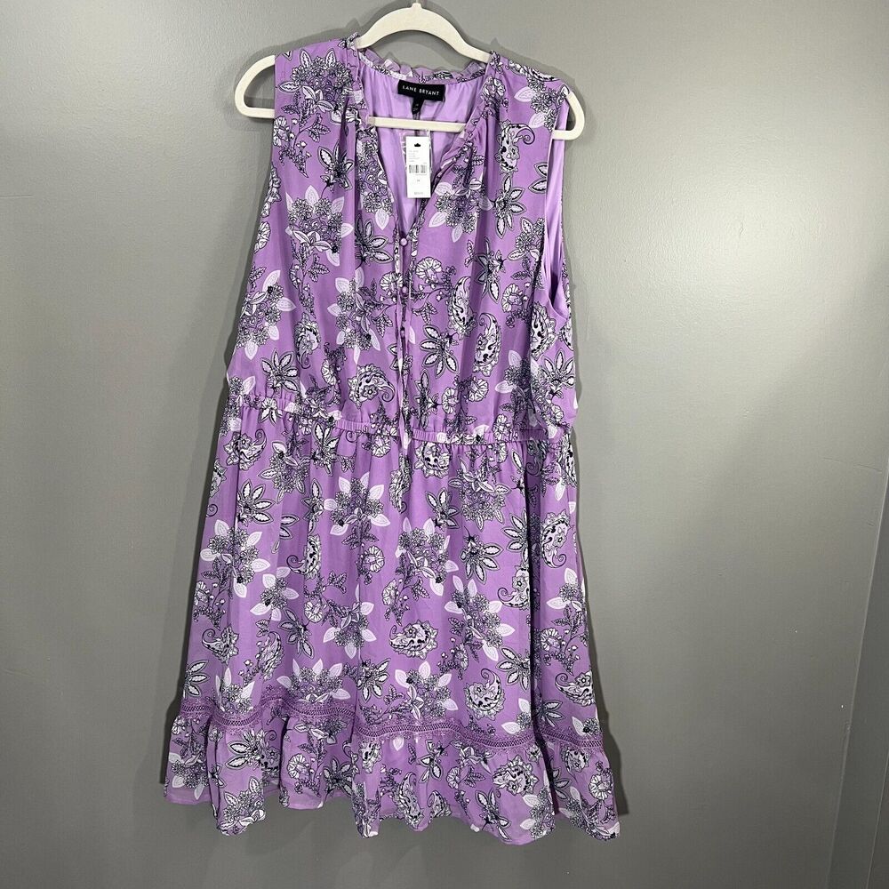 Lane Bryant NWT Sz 24 Sleeveless Notch Neck Elastic Waist Purple Floral Dress